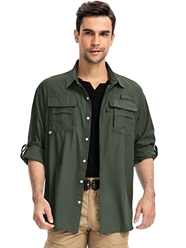 Mens Long Sleeve UV Protection Hiking Fishing UPF 50+ Quick Dry Safari Camping Travelling Shirts (XX-Large, Army Green)