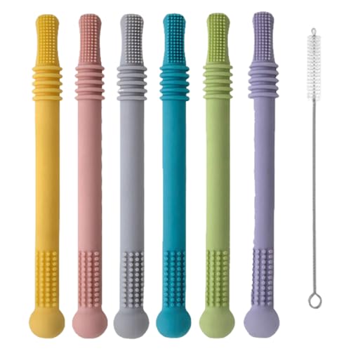 Mordedor Bebe Tubos, 6 Piezas, Juguete para Masticar la Dentición para Bebés,Mordedor de Entrenamiento de Mordida, juguetes mordedores de silicona suave en forma de pajita, con cepillos de limpieza