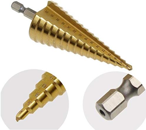 3Pcs HSS Titanium Coated Step Drill Bit Set, 1/4" Hex Shank Drive Quick Change High Speed Steel Cone Drill Bit for Plastic, Wood, Sheet Metal Hole Drilling (Metric 4-12mm/4-20mm/4-32mm)