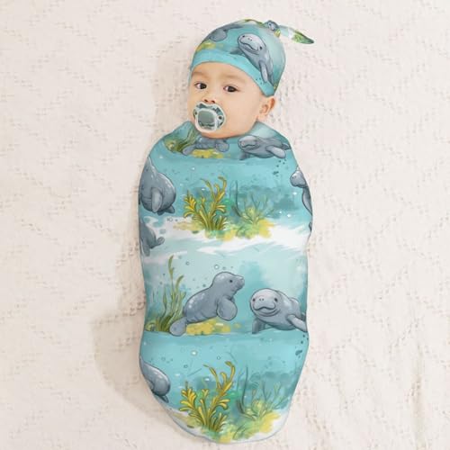 Image of Ocean Florida Manatee Newborn Swaddle Blankets Hat Sets Soft Baby Receiving Blanket Swaddle Sack for Baby Shower Infant Boy Girl Gift
