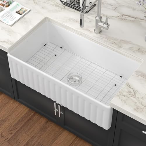 36" Fireclay Farmhouse Sink, Single Bowl, White, 36"x20"x10