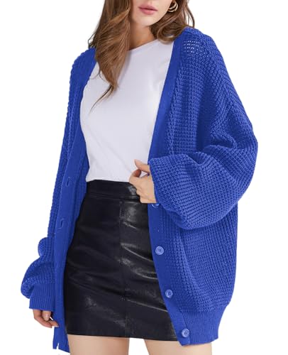 Image of QUALFORT Women's Oversized 100% Cotton Cardigan Sweater | Long Sleeve V Neck Button Down Open Front Knit Outerwear