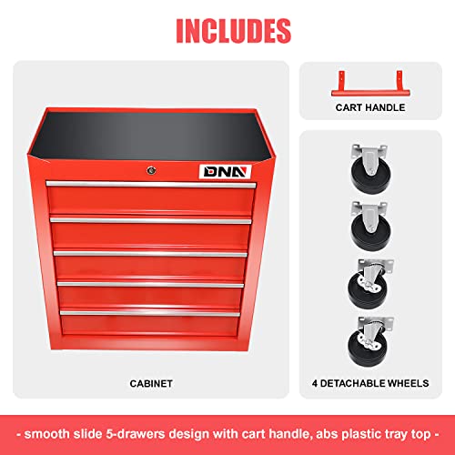 Image of DNA Motoring TOOLS-00263 5-Drawer Plastic Top Rolling Tool Cabinet with Keyed Locking System,13 inch D x 24.5 inch W x 30.5 inch H,Red