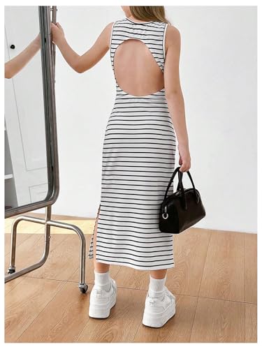 OYOANGLE Girl's Striped Print Open Back Midi Tank Dress Crew Neck Side Slit Dresses4