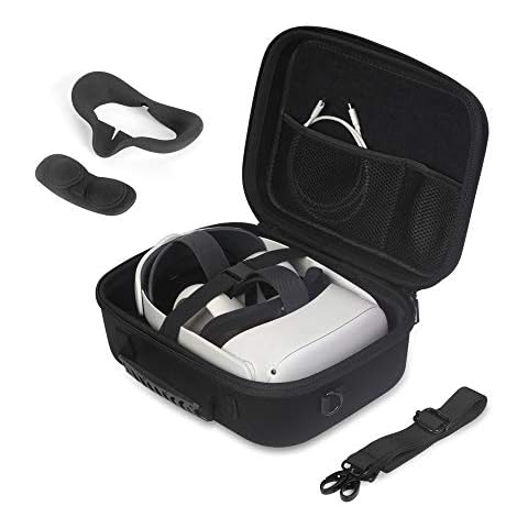 JSVER Carrying Case For Meta Quest 2 VR Headset, Controllers, Battery and Elite Strap, Hard Travel Case for Meta/Oculus Quest 2, includes Shoulder Strap, Silicone VR Face Mask, Lens Dustproof Cover Cover