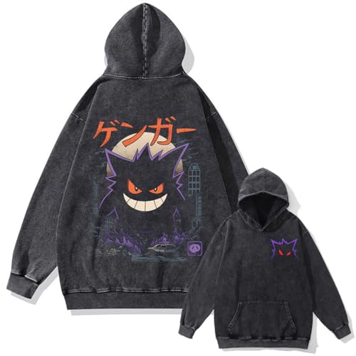 BaeKnyin Baeknyn Poké-Moon Haunter Sudadera con Capucha de Dibujos Animados en Negro con Acabado Vintage-Orange-1,XL