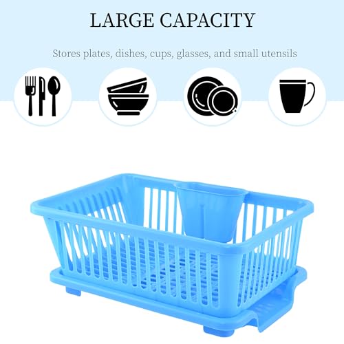 Image of Kuber Industries Plastic Sink Dish Drainer Rack | 3 in 1 Large Durable Drainer Drying Rack Washing Basket with Tray | Home & Kitchen Dish Rack Organizers, Utensils Tools Cutlery - Blue