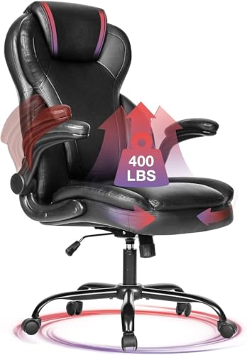 KWKSV Big and Tall Office Chair 400lbs-Heavy Duty Executive Desk Chair with Extra Wide Seat, High Back Ergonomic Leather Computer Chair with Tilt Rock&Tension, Padded Armrests-Black