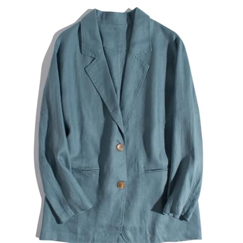 Hdhdeueh Damen Eingekerbtes Revers Baumwolle und Leinen Langarm Anzugjacke Lose Büro Arbeit Knöpfe Blazer, hellblau, XXL