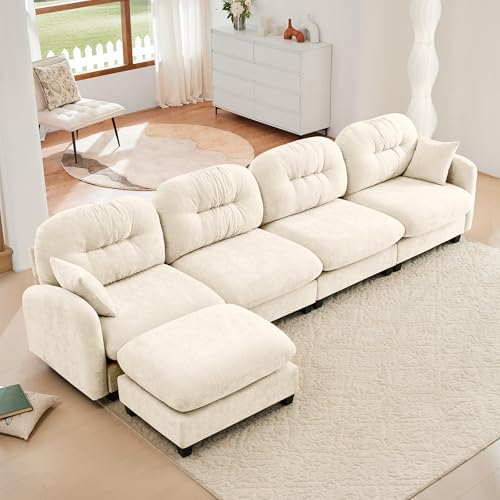 Image of KEIKI 140 inch L-Shaped Oversized Chenille Modular Sectional Sofa with 1 Ottoman, High-Density Foam Cushions, Tufted Pleated Cushion Backrest, Modern 4-Seater Couch with 2 Pillow, for Living Room, Beige
