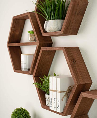 Extra Large Hexagon Floating Shelves Set Of 4 - Honeycomb Shelves - Octagon Shelves Rustic Brown - Wall Shelves Honeycomb Decor - Wooden Honey Comb Hexagon Shelf For Wall - Geometric Hexagonal Shelves #TOP5