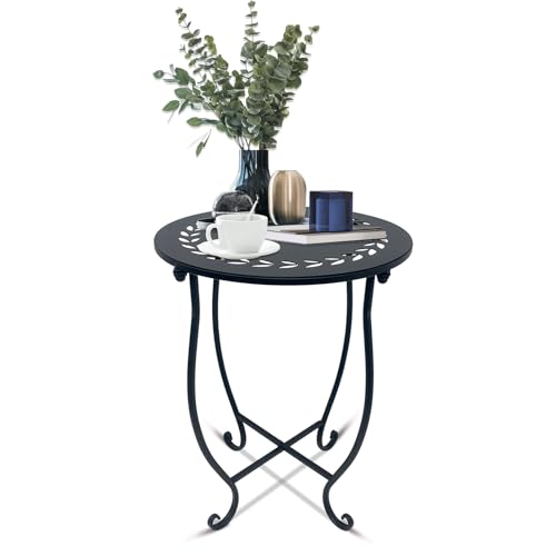 Indoor Outdoor Small Metal Round Side Table 14 Inch Patio Coffee Bistro Table Weather Resistant Black Metal Side Table for Patio Balcony Yard Porch Garden Plant Stand for Indoor Outdoor Use