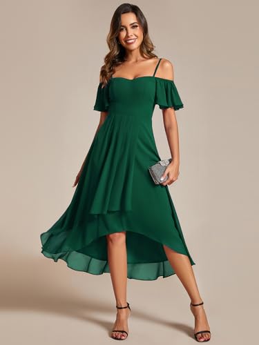 Image of Ever-Pretty Women's Summer Cold Shoulder Hi-Lo Asymmetrical Hem Flowy Chiffon Short Wedding Guest Dress 02103