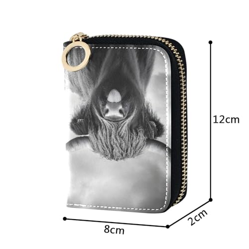 Small Womens Wallet RFID Blocking Card Holder Cute Leather Zipper Coin Purse with Key Ring Mystic Highland Cow Monochrome3