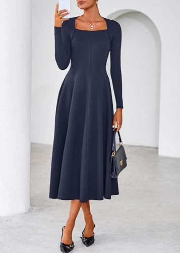 Lazysmile Long Sleeve Fall Dresses for Women Square Neck A Line Flowy Casual Elegant Wedding Guest Party Maxi Dress Navy — view 4