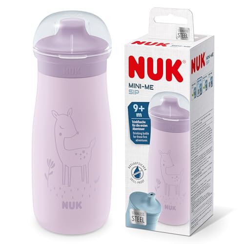 NUK Mini-Me Sip für Kleinkinder | ab 9 Monate | 300 ml | Edelstahl-Wasserflasche für Kleinkinder | auslaufsichere stabile Trinköffnung | bruchsicher | lila Reh