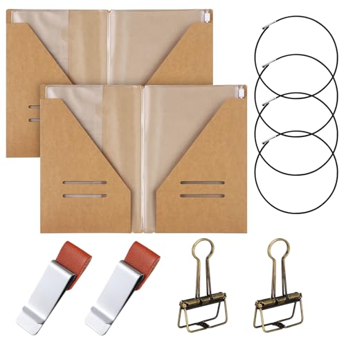 Travelers Journal Notebook Accessories Kit Include Travel Kraft File Folder Zipper Case Pen Holder Binder Clip and Elastic Bands Travel Accessories Supplies(2 Pack A5 Size)