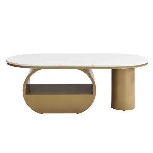 Image of Faux Marble Nesting Coffee Table Set of 2 | Coffee Table Set with End Table,Oval Living Room Table with Gold Metal Base,Marble Grain Top & 1 Drawer,Stack Tea Table Set