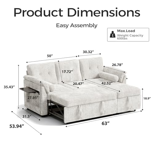 Trygoal 63'' Sleeper Sofa Bed with Side Table & Adjustable Backrest, Beige by Trygoal - Used condition - Image 2
