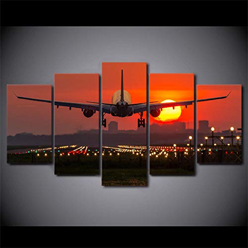 JKZHILOVE 5 Piezas Cuadro en Lienzo Paisaje de avión al Atardecer Modernos Lienzo Decorativo para Pared, Cuadros Decoracion para Pasillo Salon dormitorios XXL 150x80 cm con Marco