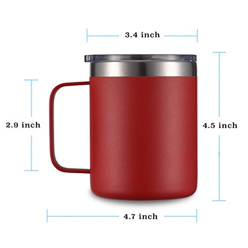 Civago Stainless Steel Coffee Mug Cup with Handle, 12 oz Double Wall Vacuum Insulated Tumbler with Lid Travel Friendly (Red, 2 Pack)