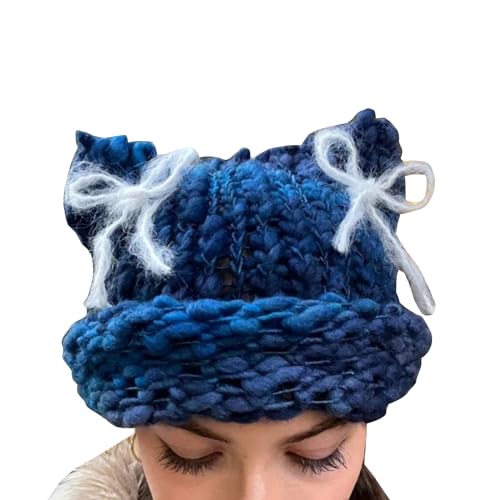 Cat Ear Hat with Bowknot Decor Winter Cycling Hiking Skiing Hat for Students Teenagers Dark Blue
