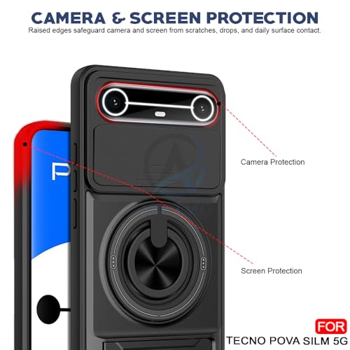 Image of AESTMO Tecno Pova Slim 5G Back Cover | Armor Camera Slider 360 Degree Rotating Finger Ring Holder Case with Bracket Stand Back Case Cover (Compatible with MagSafe Accessories) (Black)