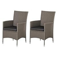 Outsunny 2 Pieces Outdoor PE Rattan Dining Chairs Set with Cushion, Garden Armchair with Armrests, High Backrest, Metal Frame Patio Wicker Furniture, Grey