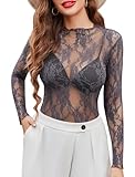 Avidlove Women's Mesh Top Long Sleeve Mock Neck Sheer Blouse See Through Floral Lace Tops Grey Large