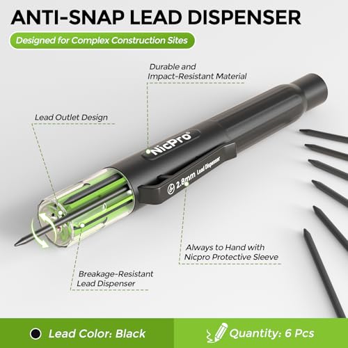 Image of Nicpro 6 Pieces Carpenter Pencil Lead Refills 2.8mm, Lead Refill for Mechanical Carpenter Pencil, Break Resistant 2.8 mm Leads for Construction Pencils, Woodworking Pencils (Black)