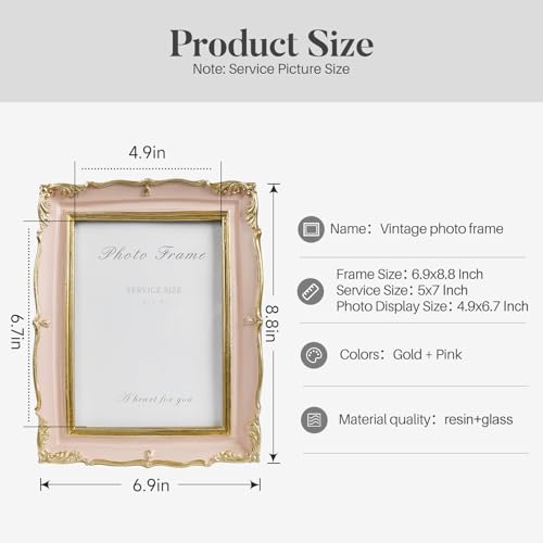 Vintage Pink 5x7 Picture Frame, Pink and Gold 5 by 7 Antique Photo Frames, Ornate Textured Hand-Crafted Resin Frame with Glass Front for Tabletop Display, Retro Design Home Decor