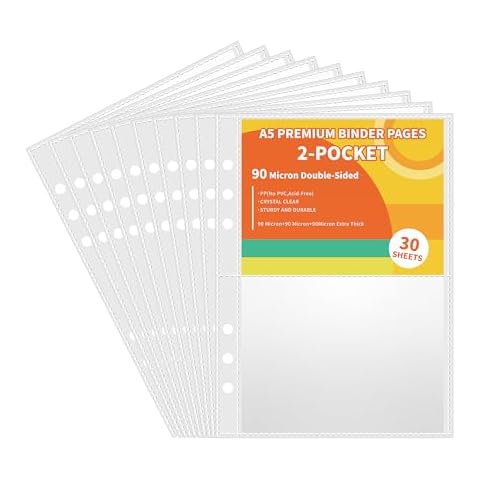 30pcs Pocket Sleeves for A5 6 Ring Binder, 2-Pocket Double-Sided Sheets Inserts Refill Pages for Kpop photocard, Savings Challenges, Sticker Collecting Album Binder (90 Micron Thickness per Layer) Cover