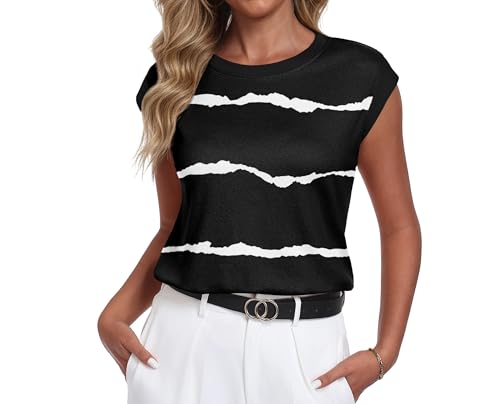 Lepunuo Cap Sleeve Tops for Women Summer Basic Tank Tops Casual Tee Shirts Trendy Cotton Shirts Spring Outfits Striped Black