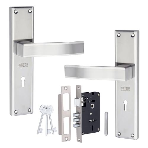 Image of Milton Mortise Lock Set with Stainless Steel Handle, Two Tone Steel Finish, MSS-492 Model, Includes Keys and Hardware