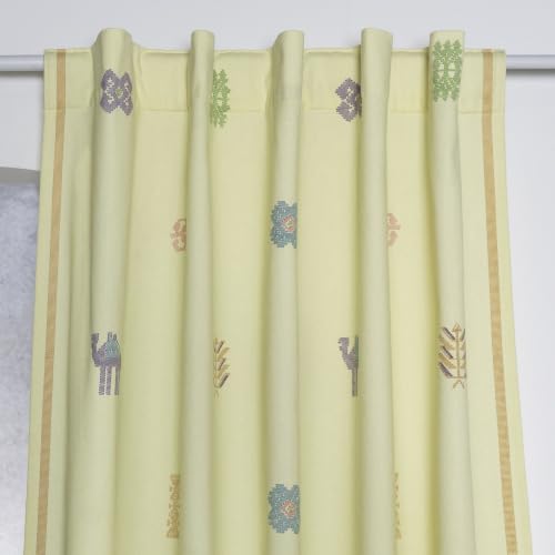 Image of Tranquebar Curtain Co. Cotton Curtains 7 Feet Long Set of 2, 60-65% Room Darkening, Multicolor (Yellow) Motif Print, Door Curtains 7 Feet Set of 2, BackTabs, Ozan (213 cm) - Set of 2