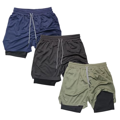 Genérico Pack de 3 Pantalones Cortos Hombre Deporte 2 en 1 con Malla de Compresión Bolsillos y Cinta Trasera Portatoallas (FR/ES; M, Azul/Negro/Verde)