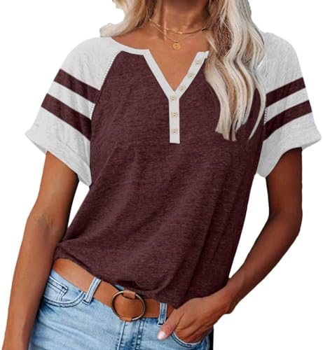 Women Henley Raglan Short Sleeve Tops Color Block Summer Tee Shirts Button Down Y2K Casual T-Shirts
