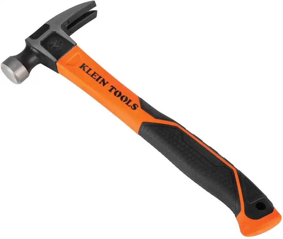 Klein Tools H80816 Straight-Claw Hammer with Smooth Head, 16-Ounce, Fiberglass Non-Slip Shock Absorbing Grip Handle with Tether Hole, 13-Inch