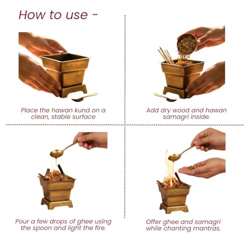 Image of Ritualistic Handcrafted Brass Hawan Kund with Spoon-Small | 100% Pure Brass Havan Kund for Daily Pooja,Yagya & Agnihotra | Antique Finish with Vedic Shloka Engraving | Festival & Housewarming Gift Set