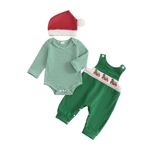 HYADRBLEBY Baby Boy Christmas Outfit Newborn Long Sleeve Smocked Romper Overalls Pants Hats 3Pcs Boy First Christmas Outfit (Truck Tree 0-3 Months)