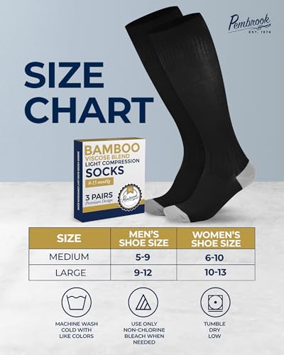 Image of Pembrook Bamboo Viscose Light Compression Socks - 3 Pairs | 8-15 mmhg Compression Socks | Knee High Comfort Support Socks