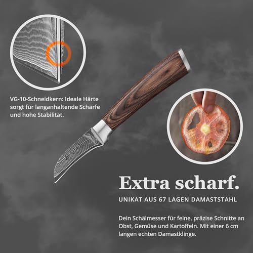 Foto von Wakoli EDIB Schälmesser aus echtem Damaststahl (VG10 Kern) mit 6 cm gebogener Klinge – Scharf & handlich – Damastmesser mit Pakkaholzgriff in Geschenkbox – Tourniermesser für Obst & Gemüse