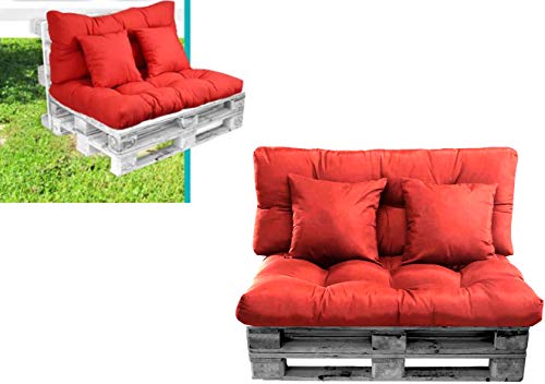 MUNDO Cojín para PALETS Y SILLONES de 2 PLAZAS (Asiento + Respaldo + 2 Cojines Decorativos). Ideal para Interior y Exterior. Rojo. 120 x 80 cm. Tela. Rústico