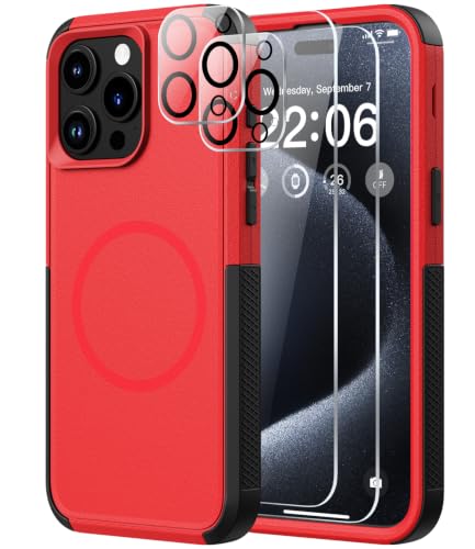 Diverbox for iPhone 15 Pro Case - [Compatible with MagSafe] [with Screen Protector ] [Shockproof] [Dropproof] Heavy Duty Protection Phone Case for iPhone 15 Pro (Red)