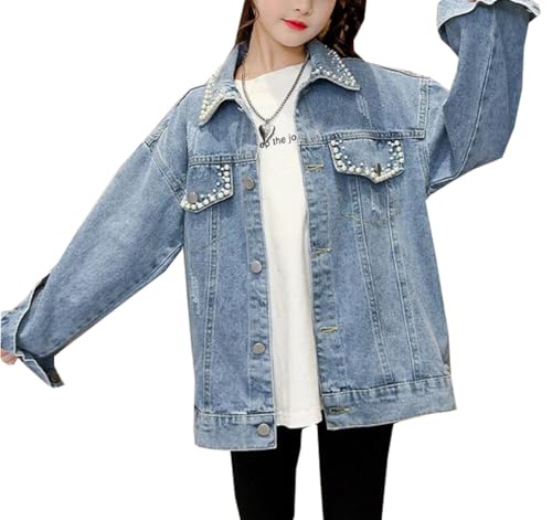 Girls Solid color Long Sleeve Pearls Denim Jackets Kids Lapel Jean Jakcets Button Down Coat Outwear