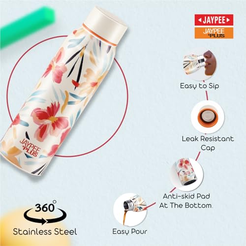 Image of Jaypee Plus Punch Prime Stainless Steel Printed Vacuum Insulated Water Bottle 620 ml | ISI Certified Rustproof & Leakproof Flask with 24Hrs Hot & Cold Ideal for School Kids, Office & Travel - (White)