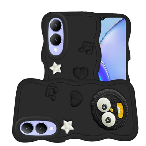 Image of AESTMO Back Case Cover for Vivo Y17S / Y28 | 3D Cute Fun Cartoon Characters | Anti Slip Grip Cute Wave Curly Frame Shape | Full Body Protection Back Cover for Vivo Y17S / Y28 (Black)