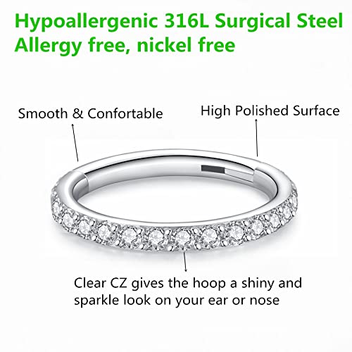 Blessmylove Clear Cz Silver 16G 10Mm Nose Rings Hoop 316L Surgical Steel 16 Gauge Cartilage Earrings Conch Daith Helix Rook Tragus Lobe Snug Body Piercing Jewelry Stainless Steel Hinged Segment Rings Lip Rings #TOP2
