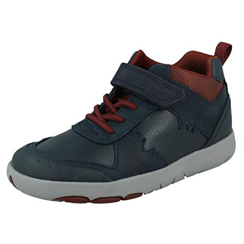 Image of Clarks Rex Park Kid Leather Boots In Navy Wide Fit Size 11.5