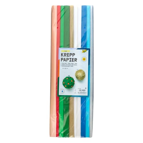 folia 82394 - Krepppapier - Sortiment X - Mas, 10 Rollen in verschiedenen Farben, jede Rolle ca. 50 x 200 cm, sehr elastisches und dünnes Papier, mit einer unebenen und rauen Oberfläche